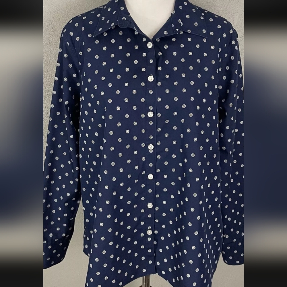 Lands' End Women Long Sleeve Blouse 100% Cotton Navy Blue White Flowers Size 10